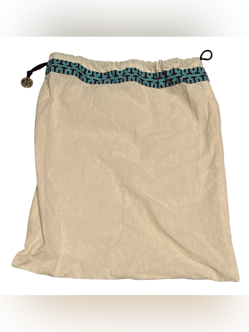 Tory Burch Natural Canvas Drawstring Bag with Teal Trim